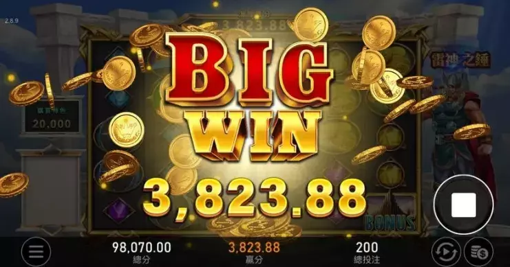 聯絡我們頁面示意圖顯示RSG雷神之鎚遊戲中出現BIG WIN派彩結果的畫面
