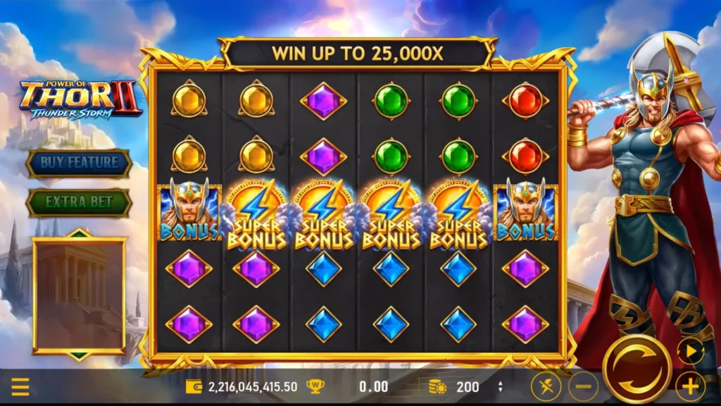 rsg雷神之錘2 SUPER BONUS 觸發盤面畫面，呈現雷神之錘2雷霆風暴中高倍率免費遊戲入口情境