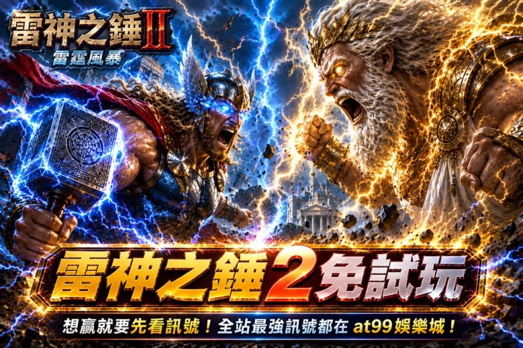 AT99娛樂城雷神之鎚2封面圖,展示雷神之鎚2訊號與免費試玩提示,角色藍黃雷電效果突顯力量感
