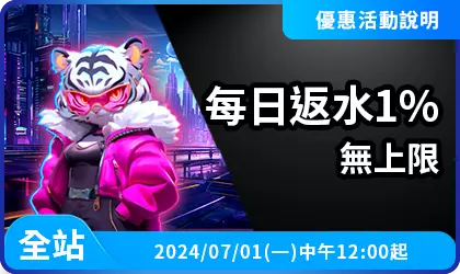 AT99每日返水1%活動說明，全站會員享不限金額每日返水回饋