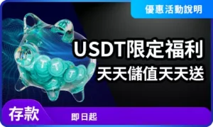 AT99 USDT儲值福利活動說明，USDT限定每日回饋優惠畫面