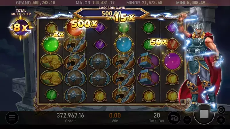 RSG雷神之鎚整體節奏示意畫面，呈現高倍數與掉落連擊盤面狀態