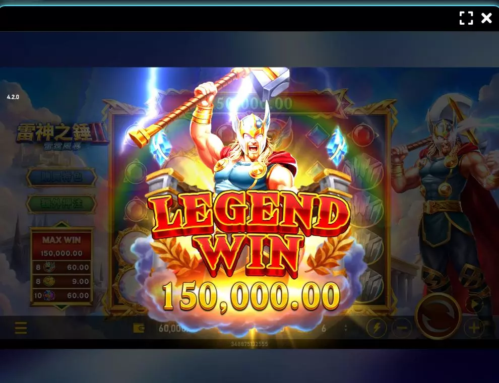 雷神之錘2雷霆風暴Legend Win畫面,雷神角色高舉雷神之錘,中央顯示150000.00大額獲勝金額與爆分特效